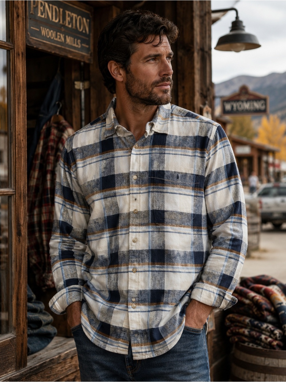 Pendleton Mens M Linen Rayon Plaid Shirt Blue Cream Long Sleeve Button Up